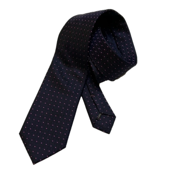 Hudson Room Men's Navy with  Pink Polka Dot Neck Tie - Picture 5 of 6